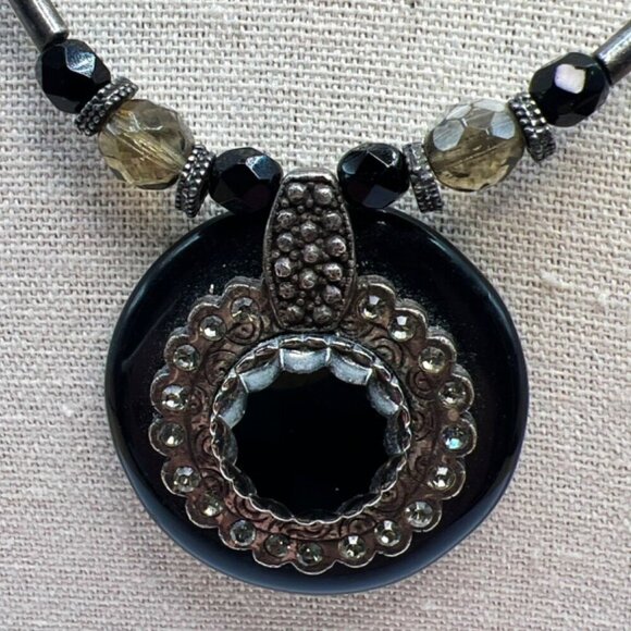 Chicos Statement Necklace With Black & Silver Beads Rhinestone Pendant N1 - Picture 4 of 14